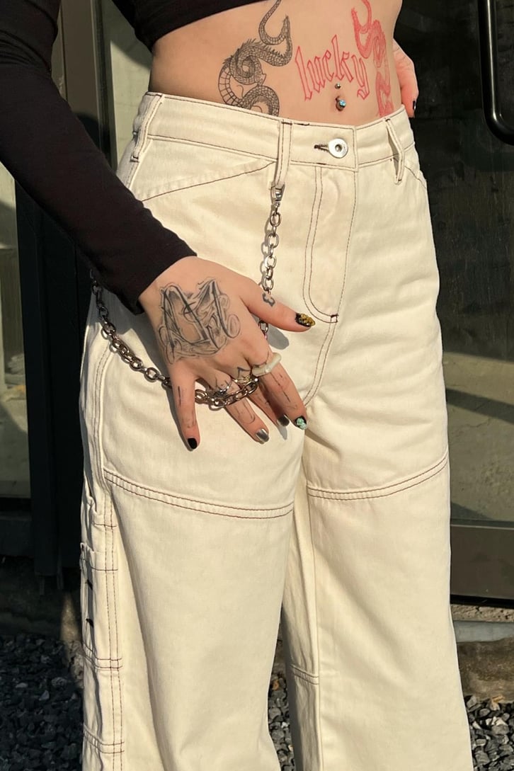 Dikiş Detaylı Krem Baggy Jean