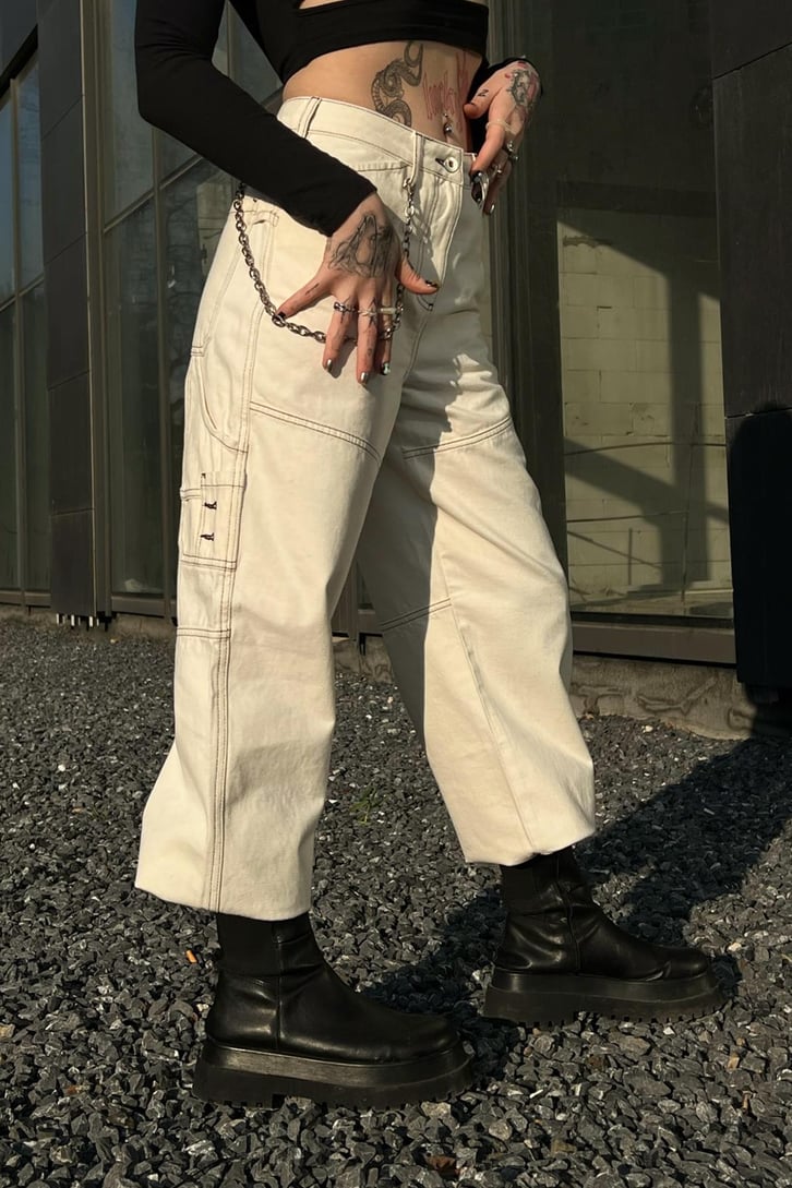 Dikiş Detaylı Krem Baggy Jean