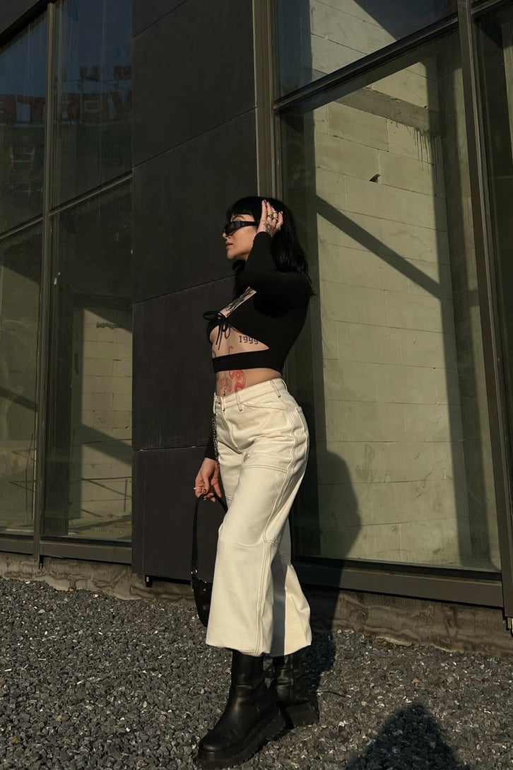 Dikiş Detaylı Krem Baggy Jean