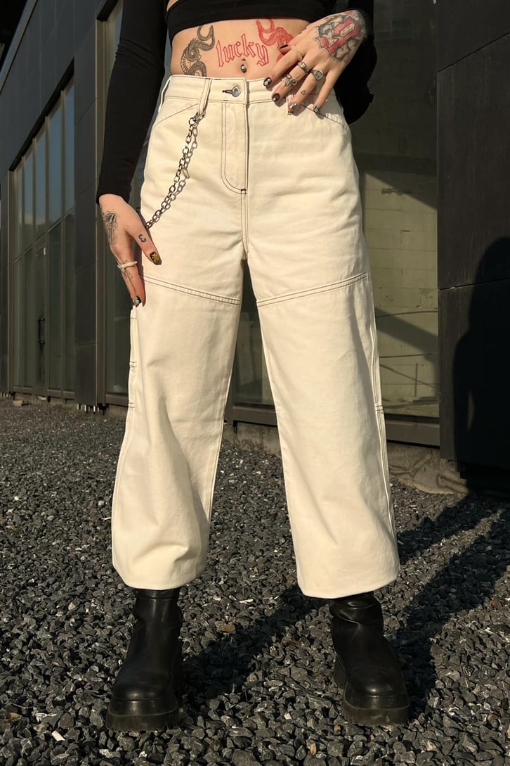 Dikiş Detaylı Krem Baggy Jean