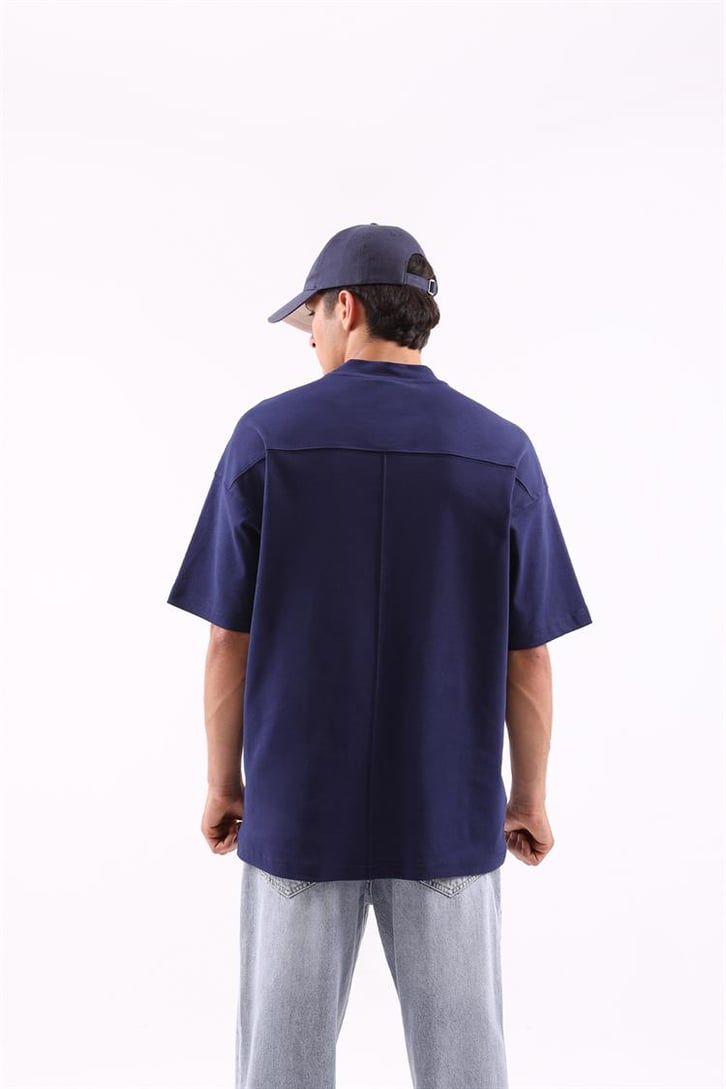 Dikiş Detaylı Lacivert Oversize Tişört