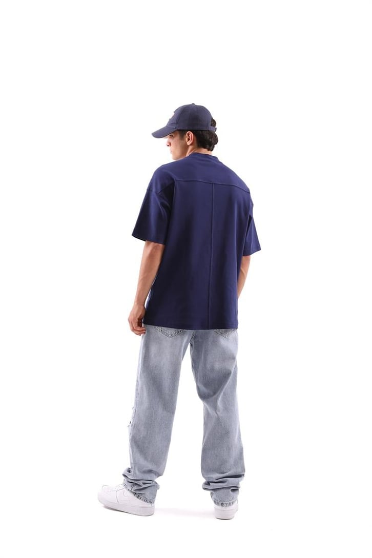 Dikiş Detaylı Lacivert Oversize Tişört