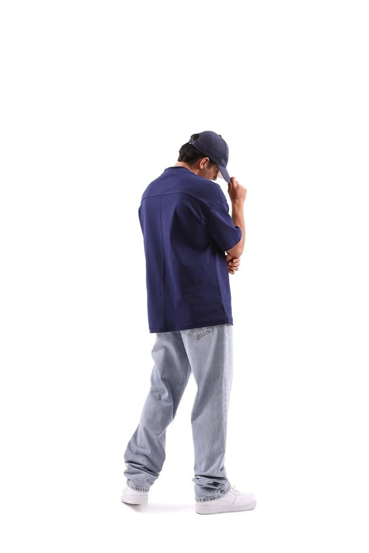 Dikiş Detaylı Lacivert Oversize Tişört
