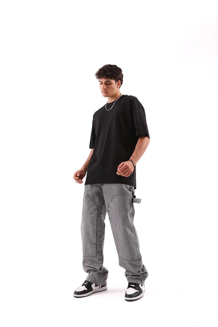 Dikiş Detaylı Siyah Oversize Tişört