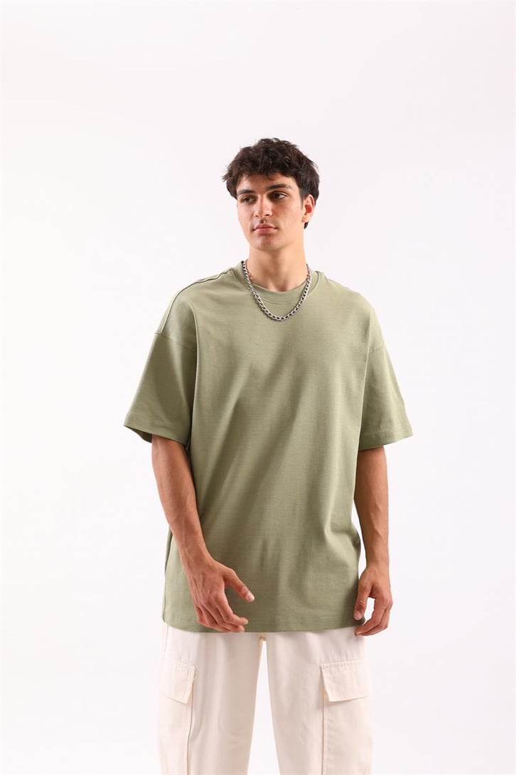 Dikiş Detaylı Yeşil Oversize Tişört