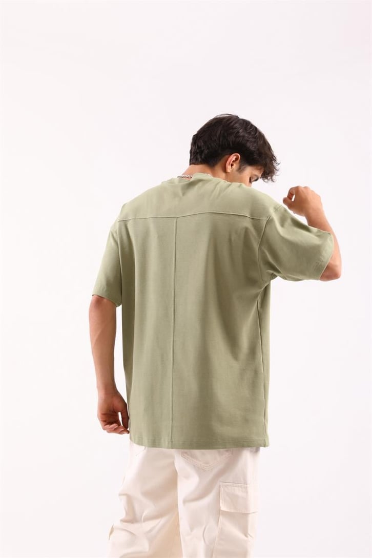Dikiş Detaylı Yeşil Oversize Tişört