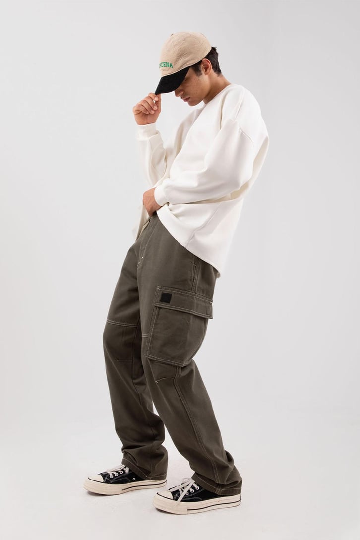 Dikiş İşlemeli Kargo Cepli Haki Baggy Pantolon