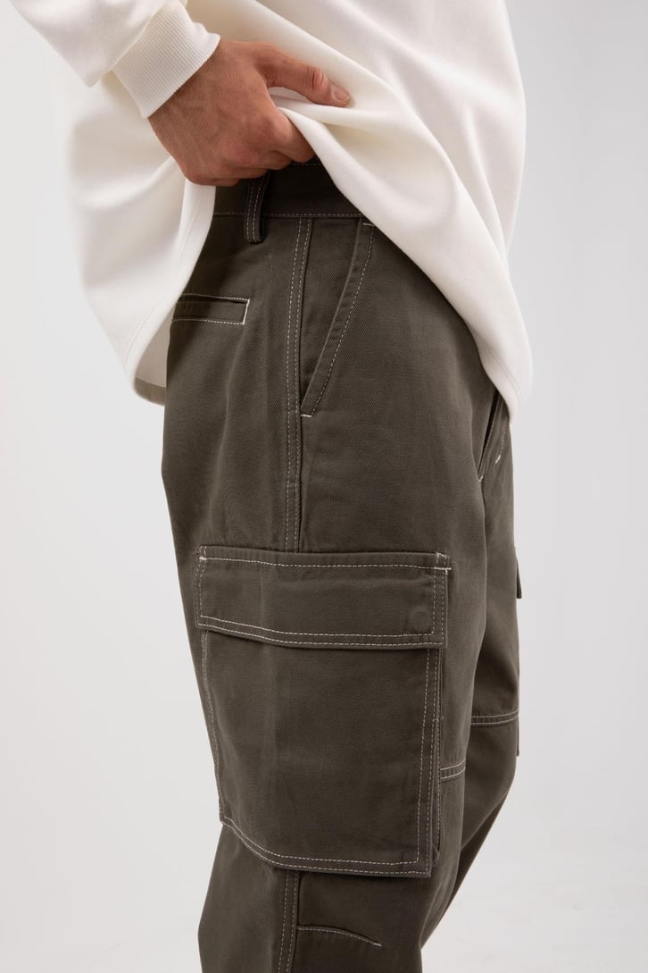 Dikiş İşlemeli Kargo Cepli Haki Baggy Pantolon