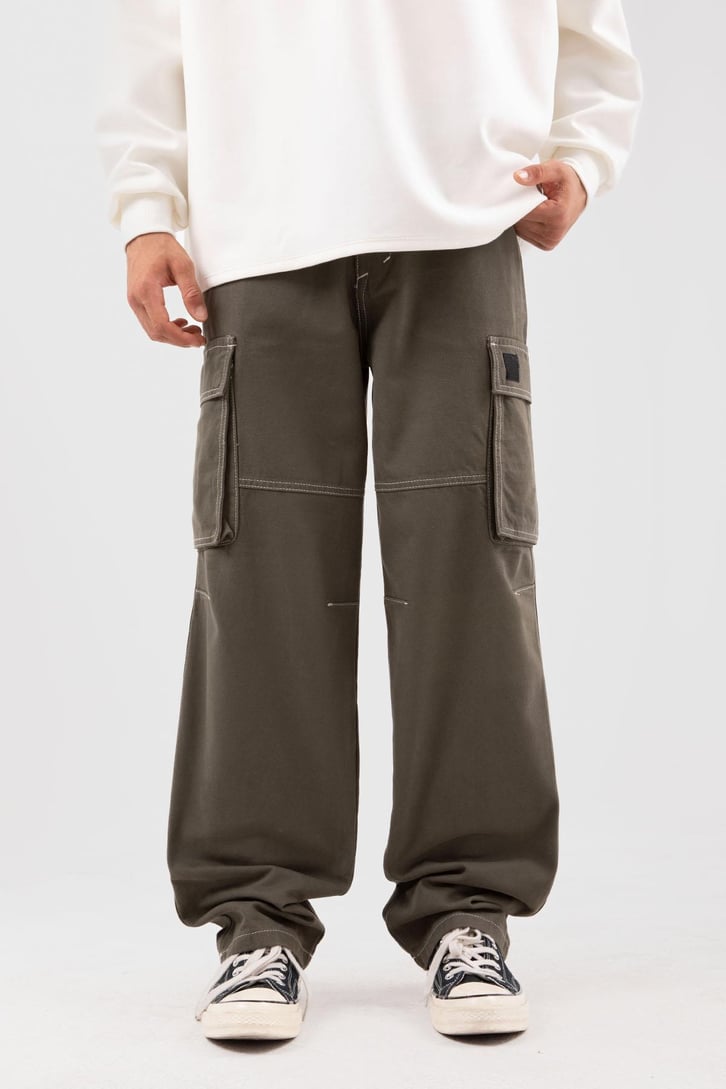 Dikiş İşlemeli Kargo Cepli Haki Baggy Pantolon