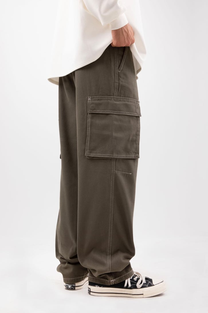 Dikiş İşlemeli Kargo Cepli Haki Baggy Pantolon