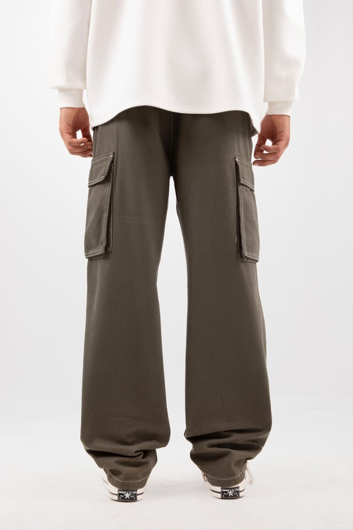 Dikiş İşlemeli Kargo Cepli Haki Baggy Pantolon