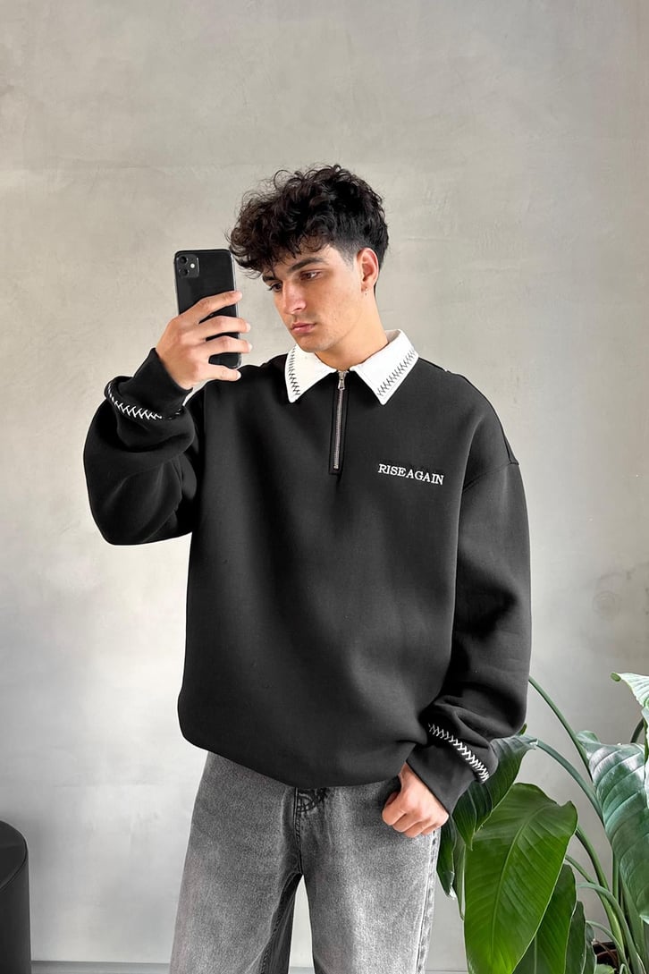 Dikişli Yaka Half Zip Oversize Sweatshirt