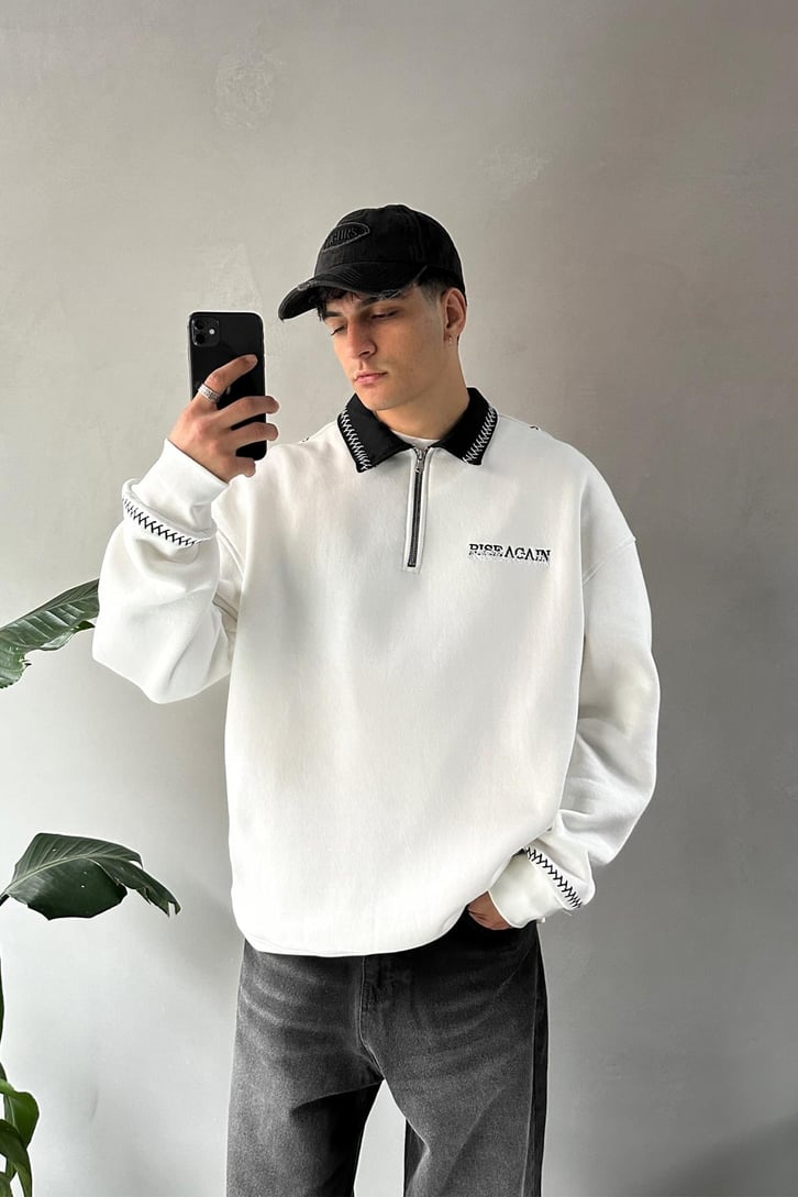 Dikişli Yaka Half Zip Oversize Sweatshirt