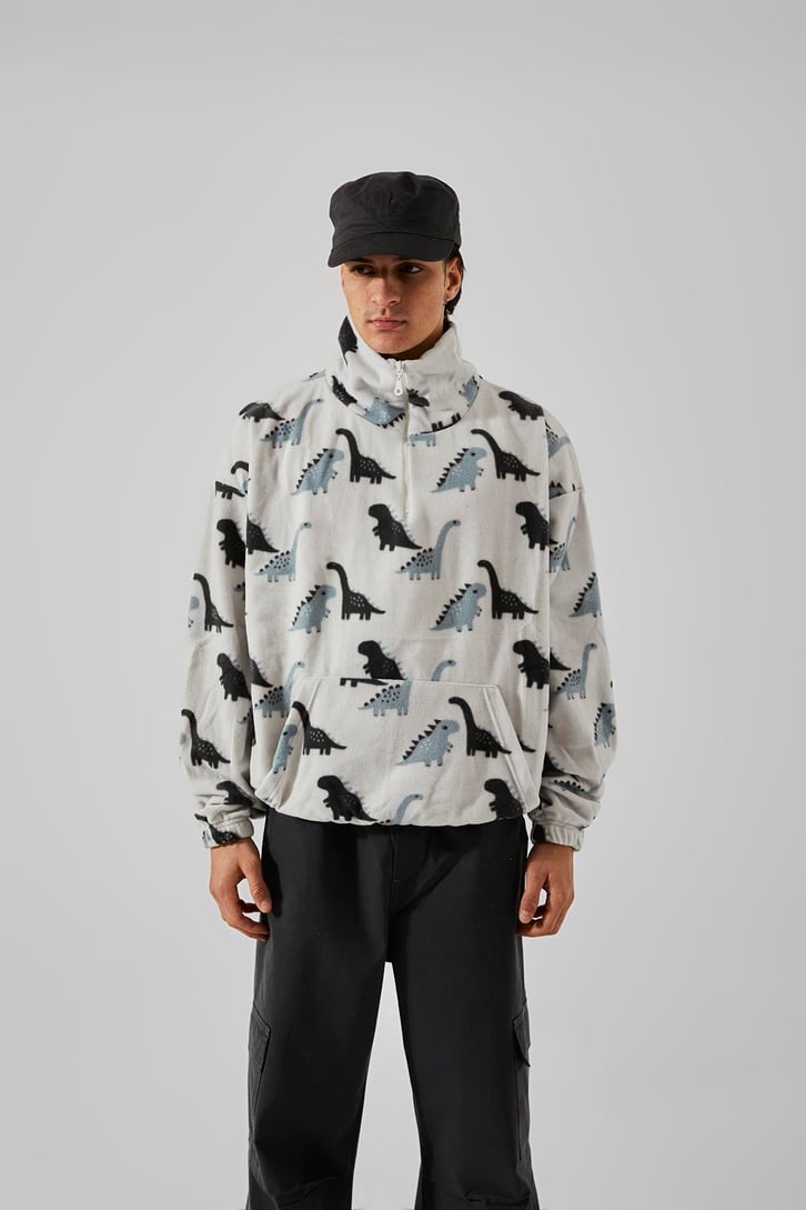 Dinazor Baskılı Yarım Fermuar Peluş Sweatshirt
