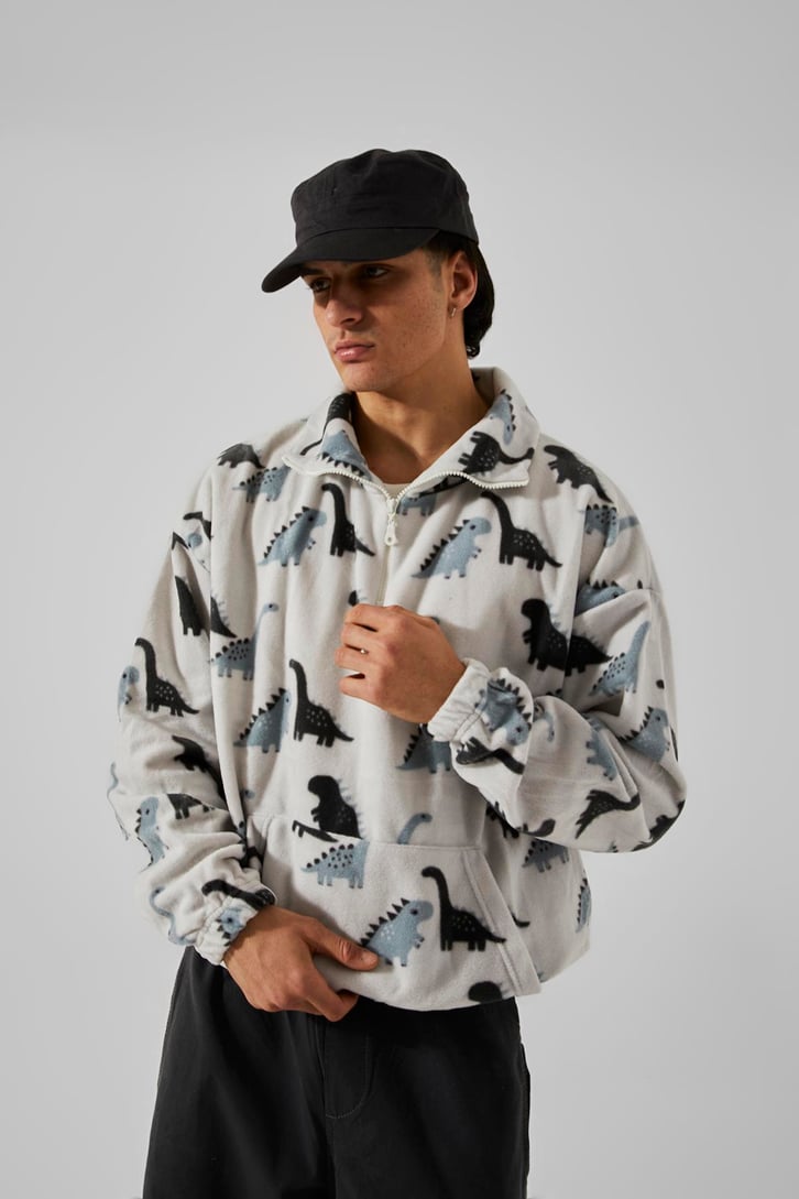 Dinazor Baskılı Yarım Fermuar Peluş Sweatshirt
