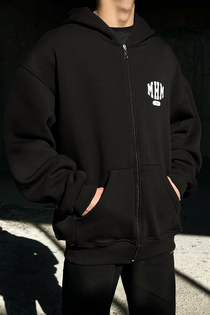 Disaster Sırt Baskılı Siyah Zipper Hoodie