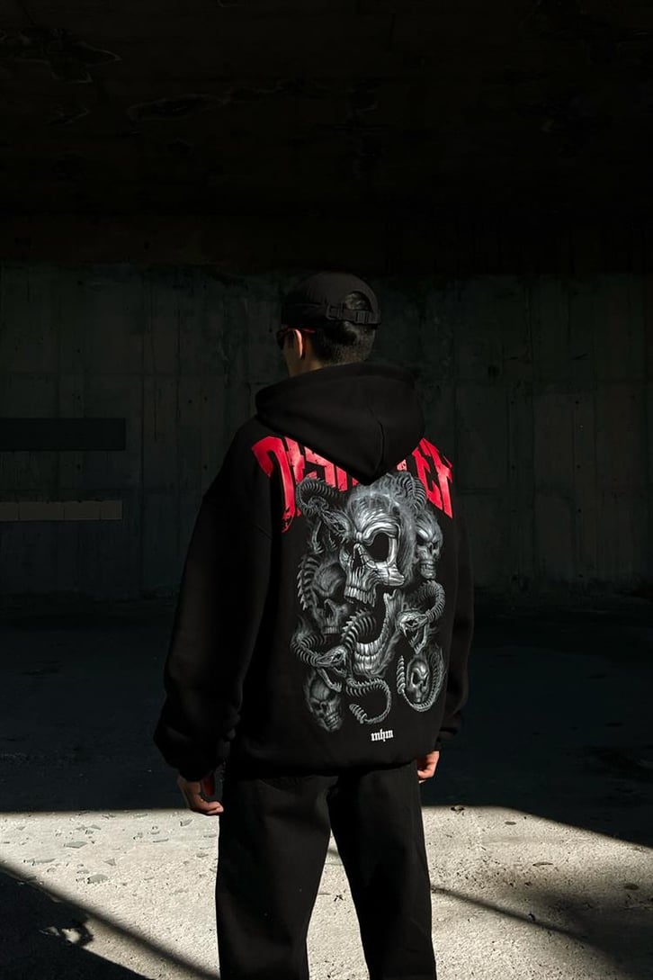 Disaster Sırt Baskılı Siyah Zipper Hoodie