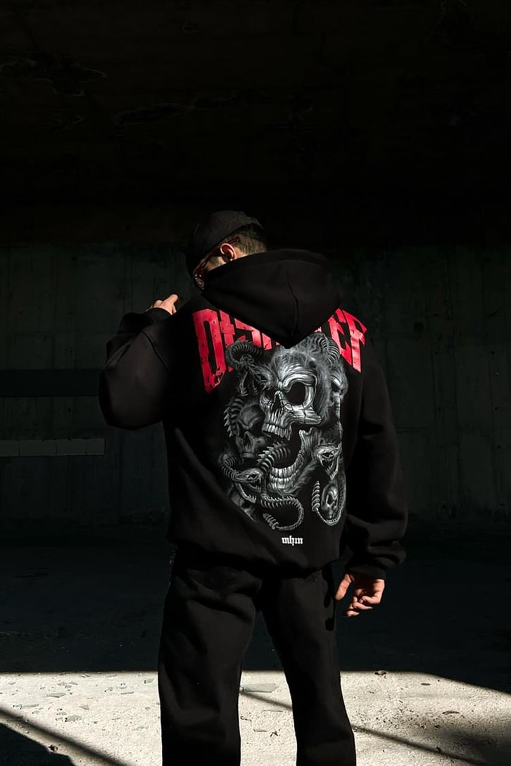 Disaster Sırt Baskılı Siyah Zipper Hoodie