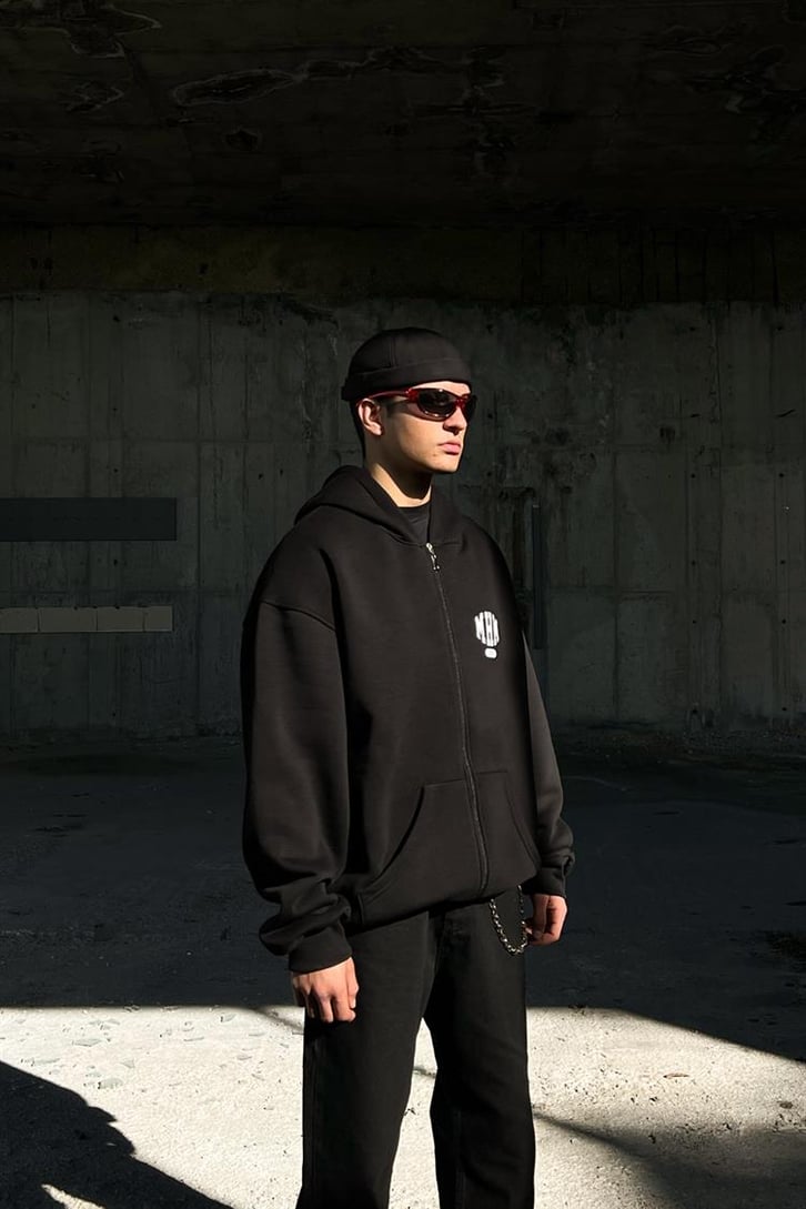 Disaster Sırt Baskılı Siyah Zipper Hoodie