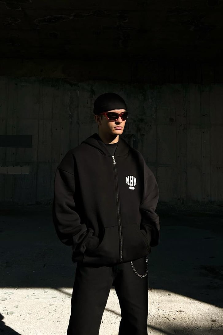 Disaster Sırt Baskılı Siyah Zipper Hoodie