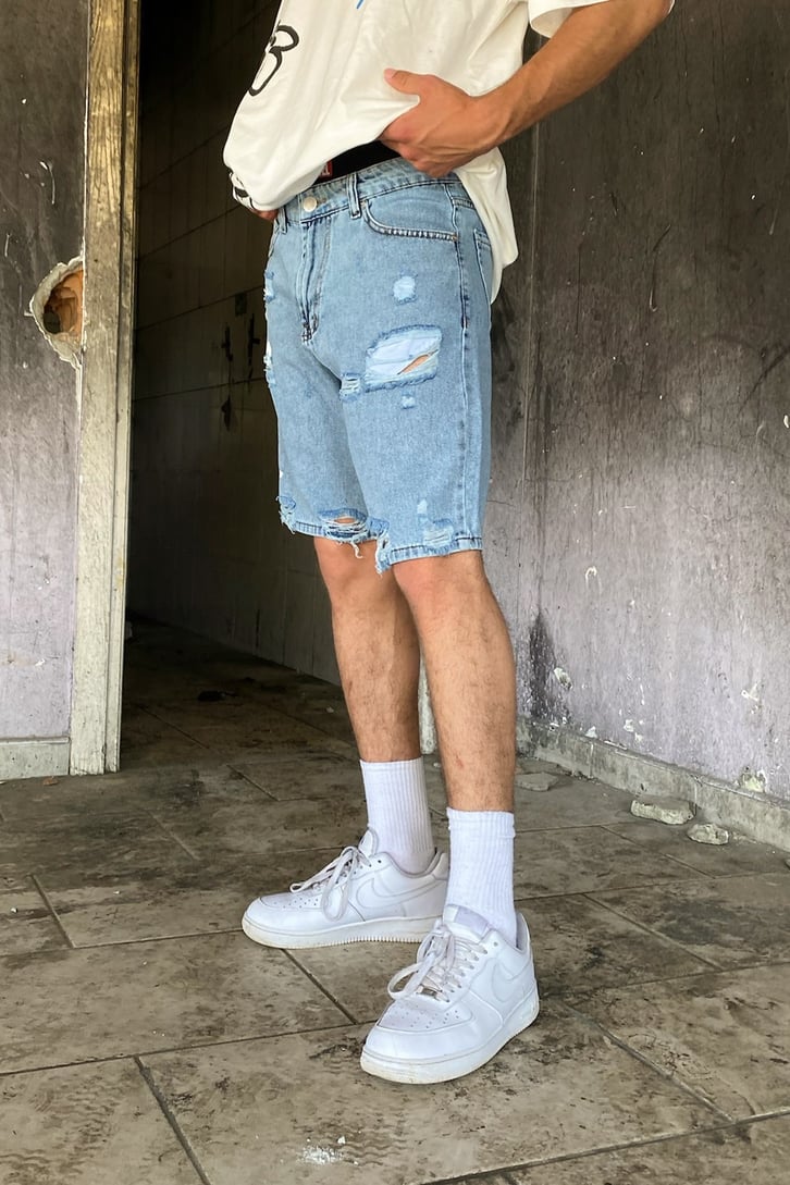 Distressed Baskılı Buz Mavisi Kot Şort