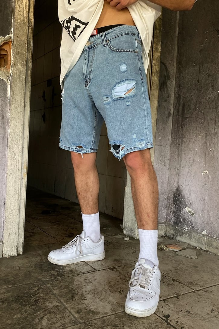 Distressed Baskılı Buz Mavisi Kot Şort