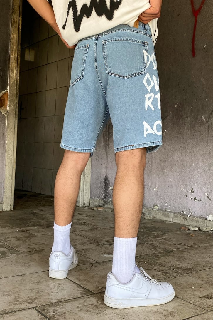 Distressed Baskılı Buz Mavisi Kot Şort