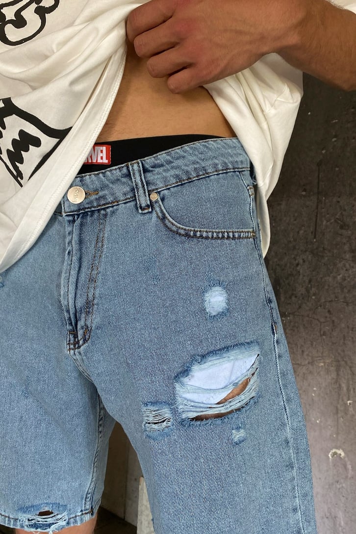Distressed Baskılı Buz Mavisi Kot Şort
