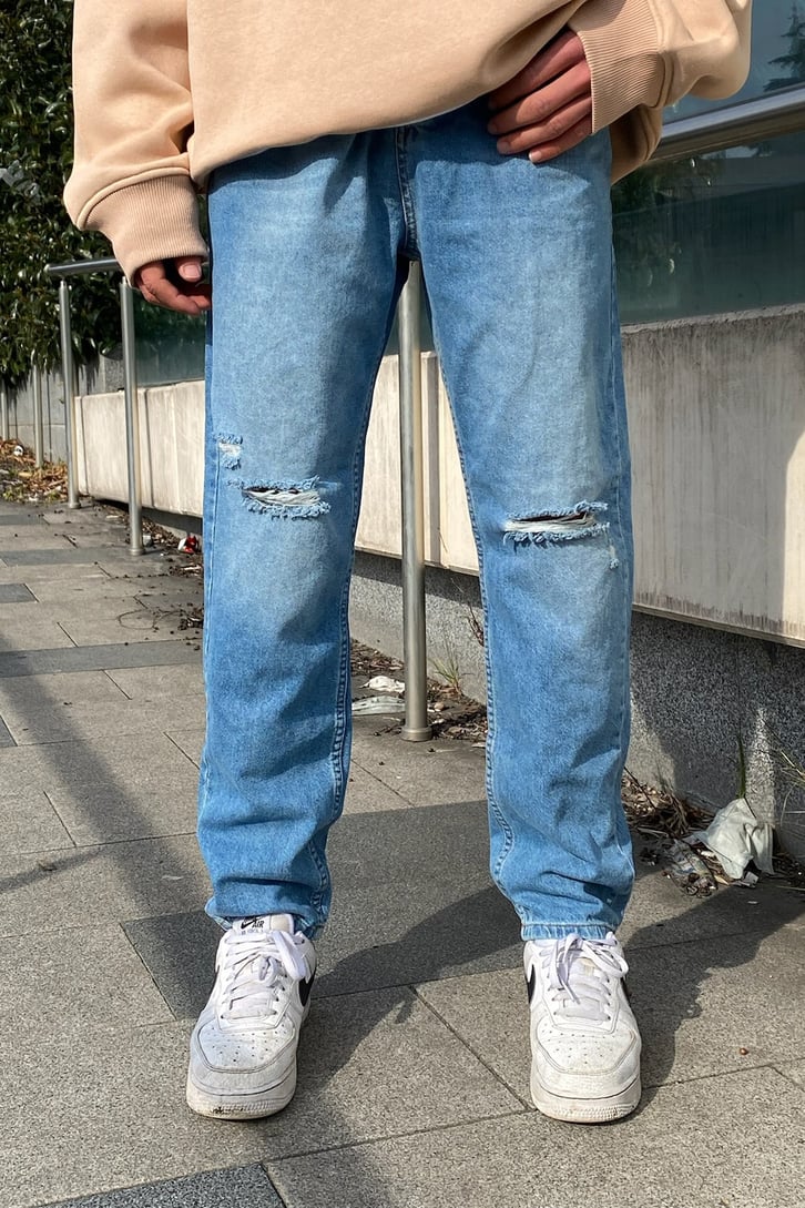 Distressed Boru Paça Sky Blue Jean