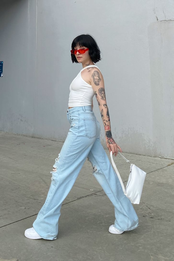 Distressed Buz Mavi Baggy Jean
