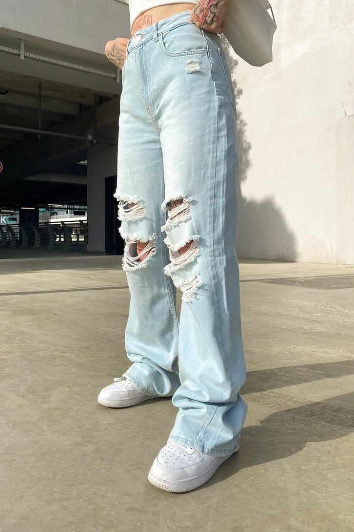 Distressed Buz Mavi Baggy Jean