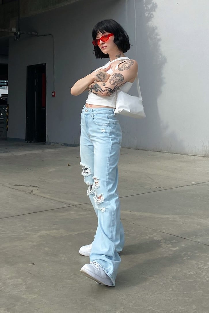 Distressed Buz Mavi Baggy Jean