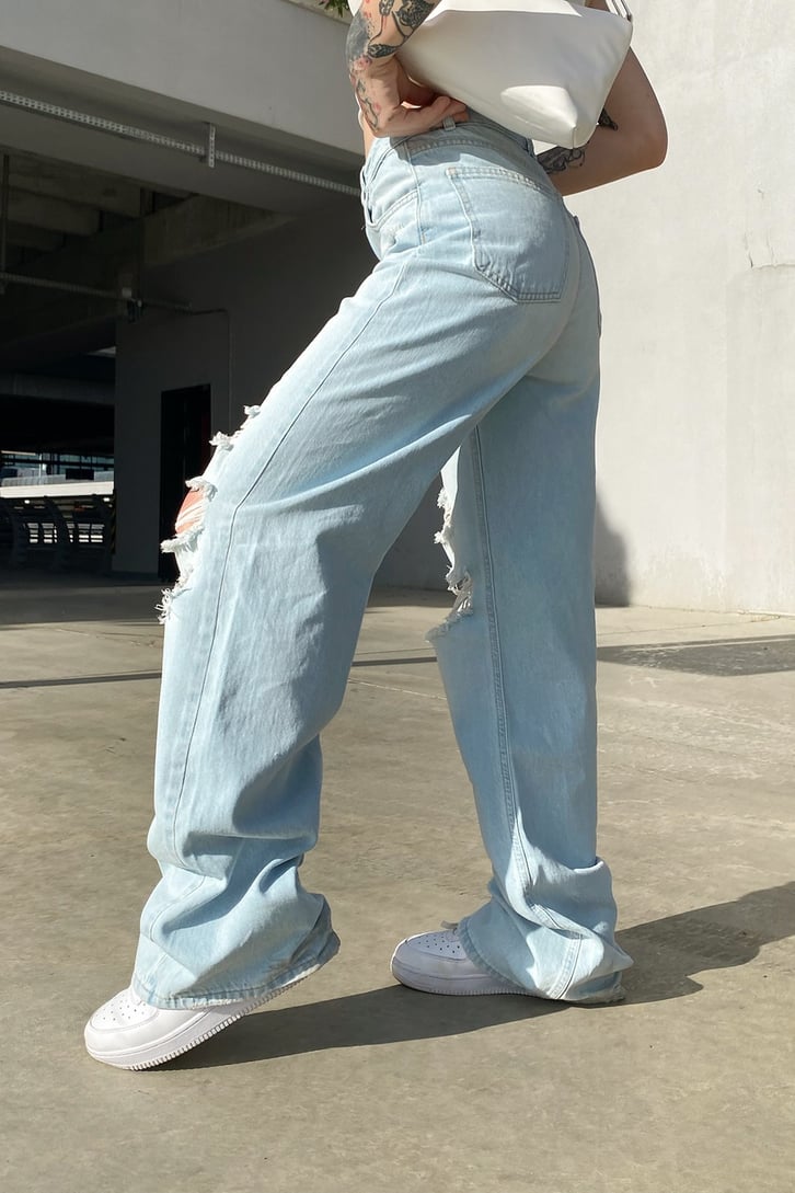 Distressed Buz Mavi Baggy Jean