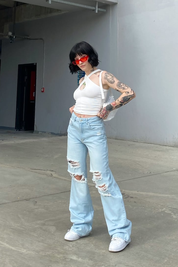 Distressed Buz Mavi Baggy Jean