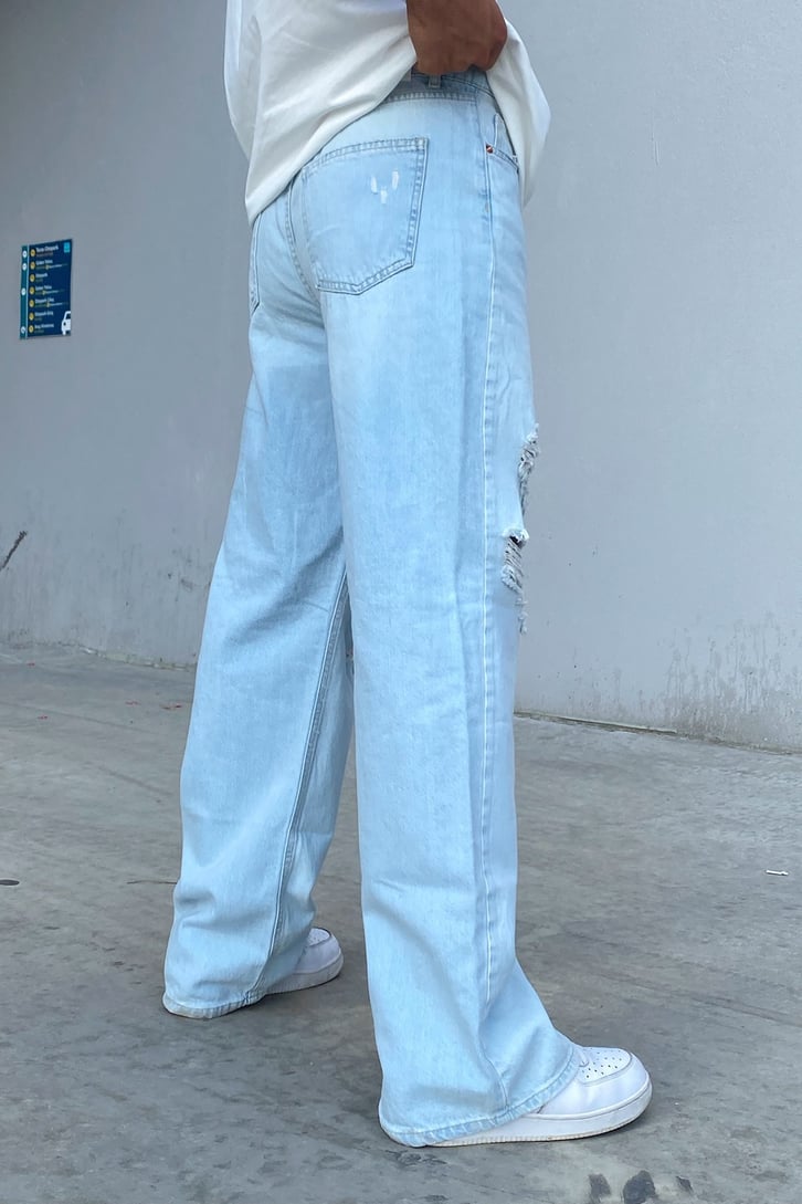 Distressed Buz Mavi Baggy Jean