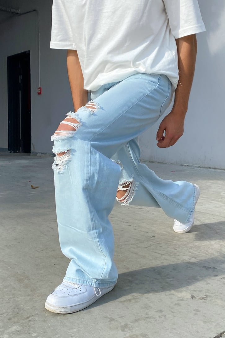 Distressed Buz Mavi Baggy Jean