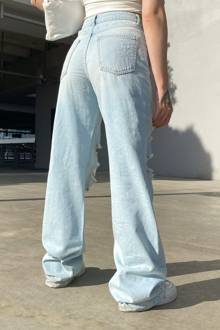 Distressed Buz Mavi Baggy Jean