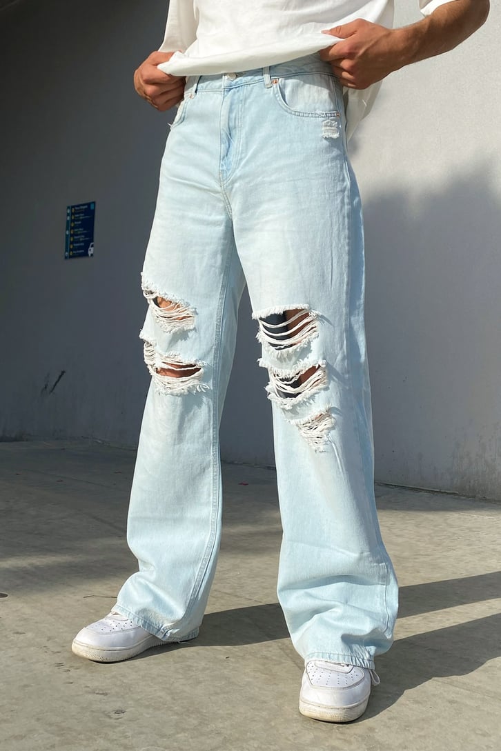 Distressed Buz Mavi Baggy Jean