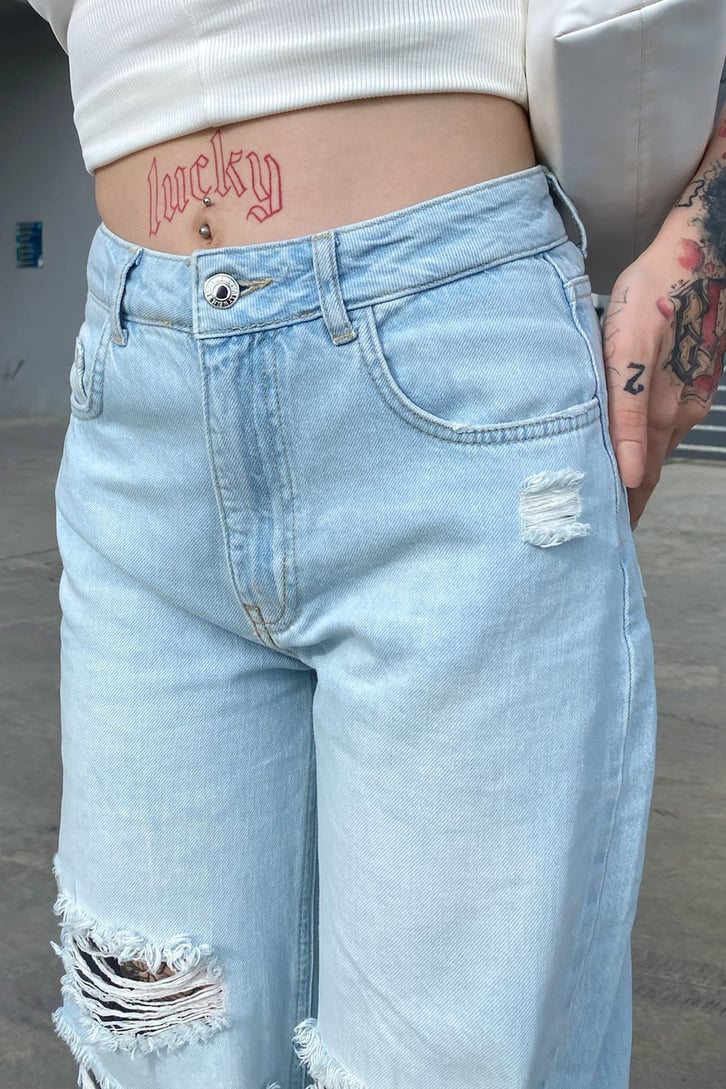 Distressed Buz Mavi Baggy Jean