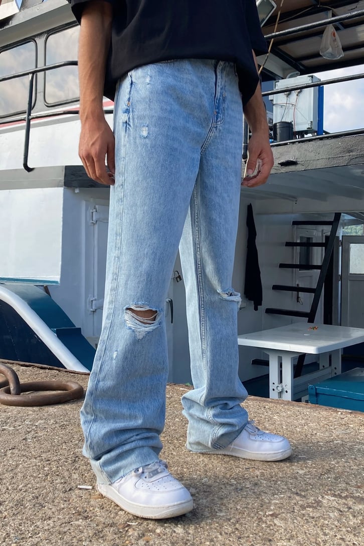 Distressed Buz Mavi Baggy Jean
