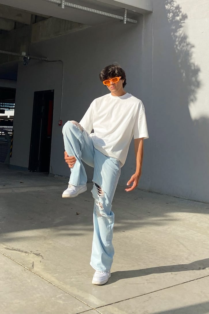 Distressed Buz Mavi Baggy Jean