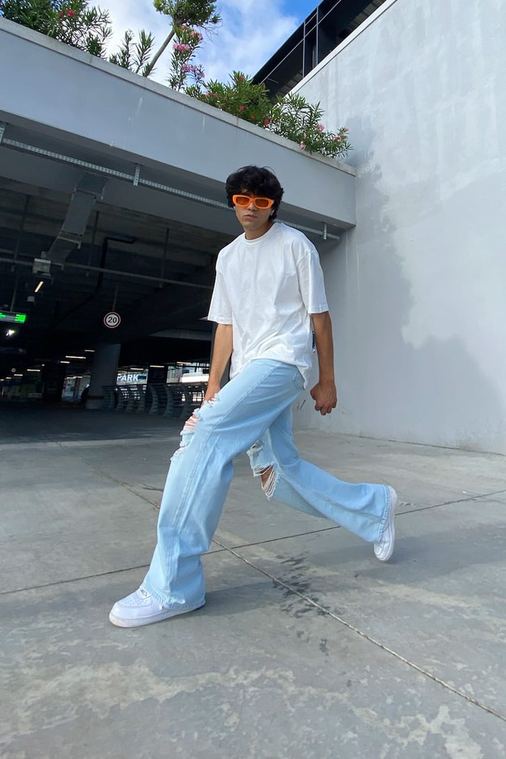 Distressed Buz Mavi Baggy Jean