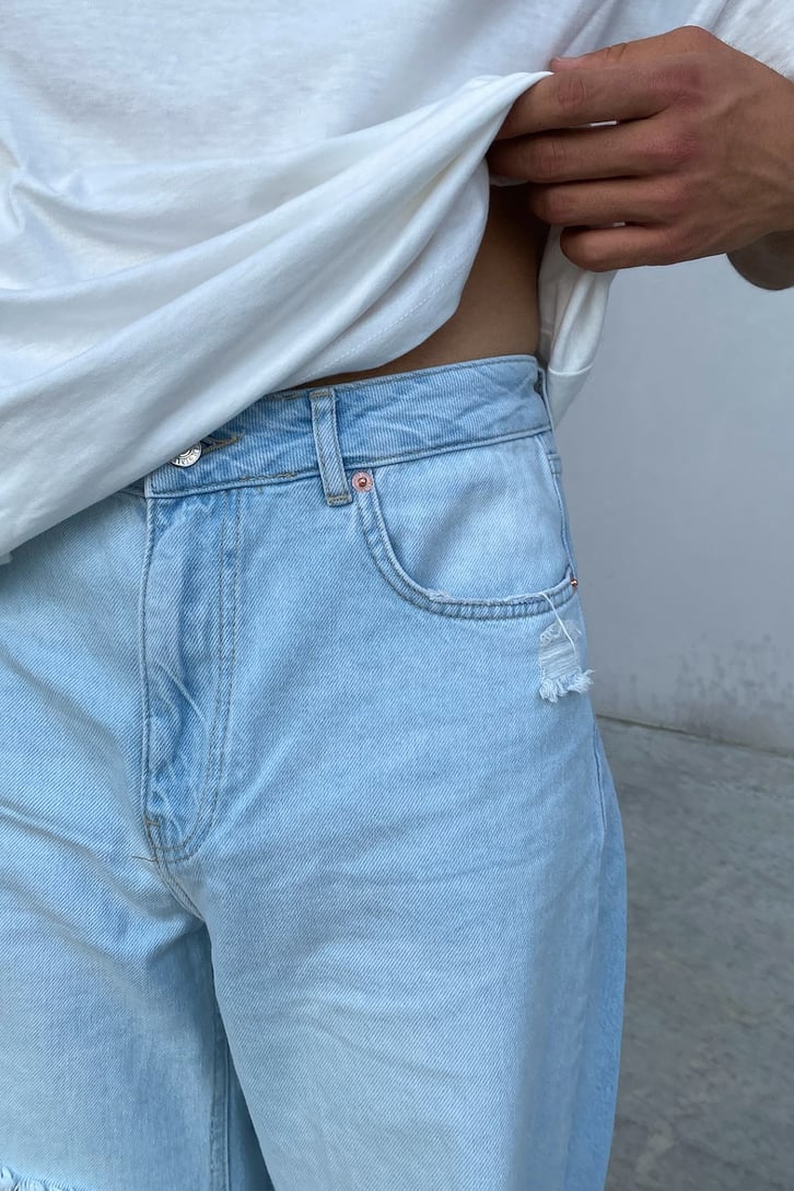 Distressed Buz Mavi Baggy Jean