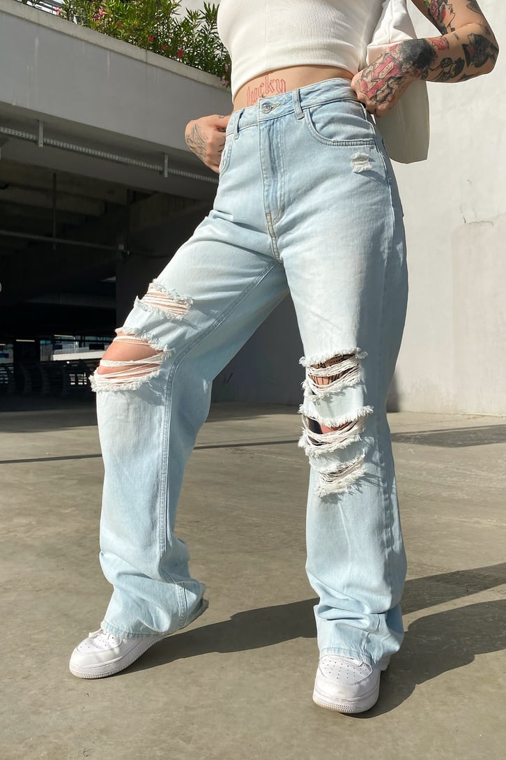 Distressed Buz Mavi Baggy Jean