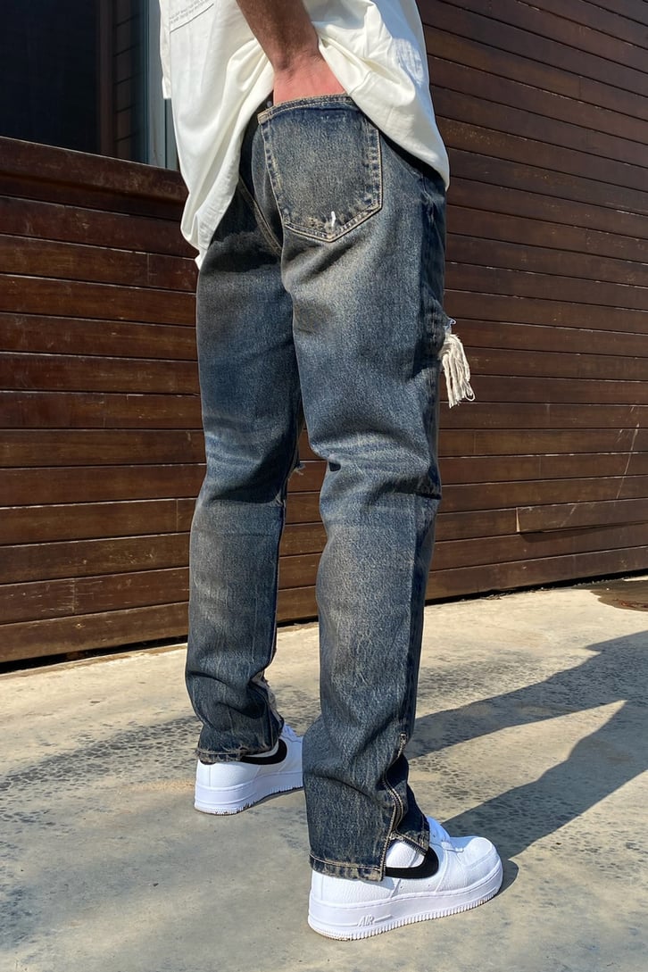 Distressed Dark Blue Eskitme Losse Fit Jean