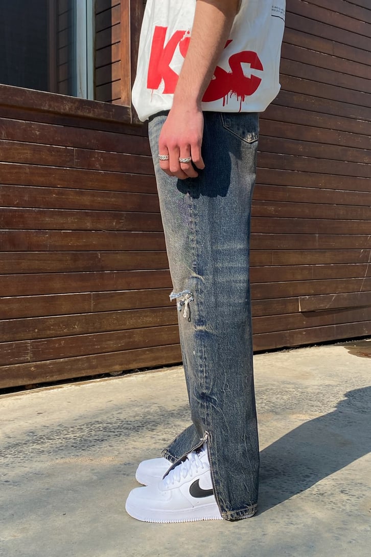 Distressed Dark Blue Eskitme Losse Fit Jean