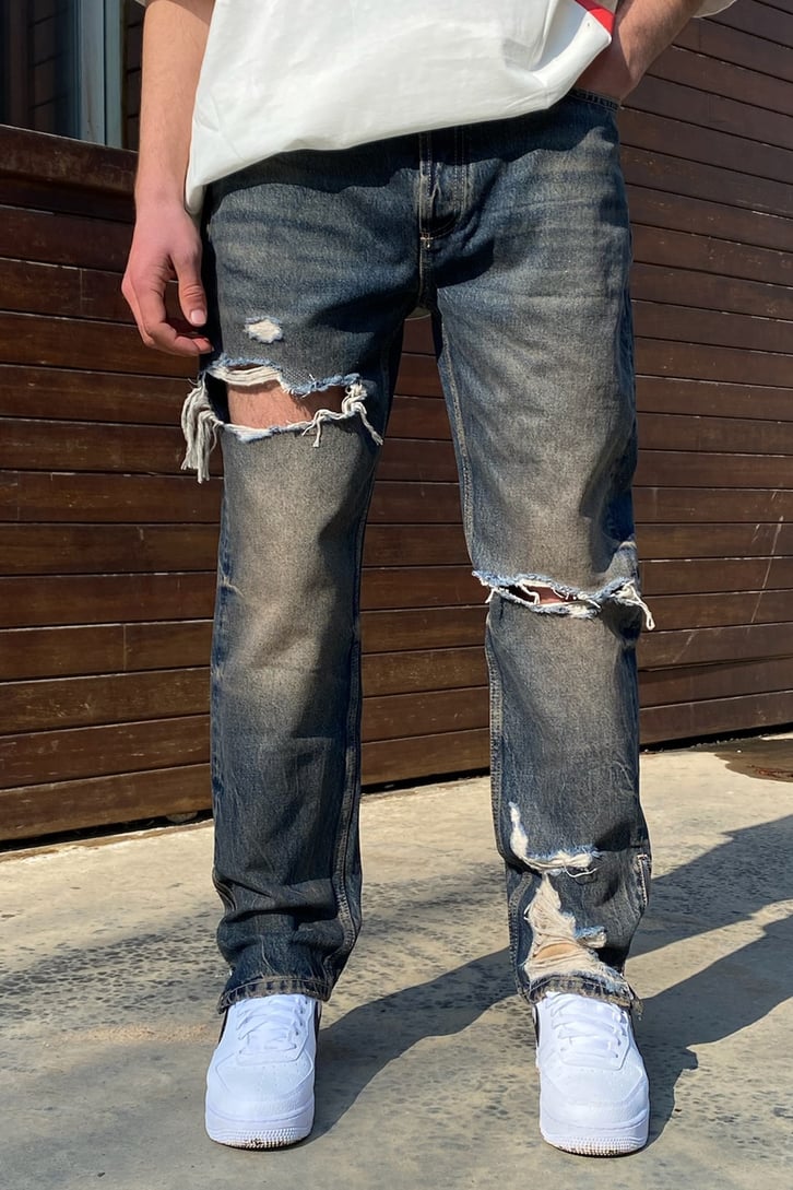 Distressed Dark Blue Eskitme Losse Fit Jean