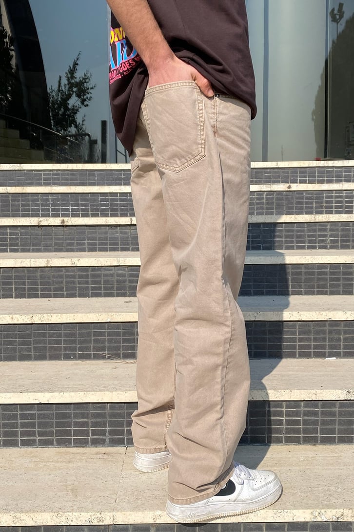 Distressed Detay Beige Losse Fit Jean
