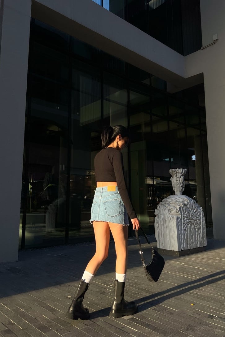 Distressed Mavi Mini Kot Etek