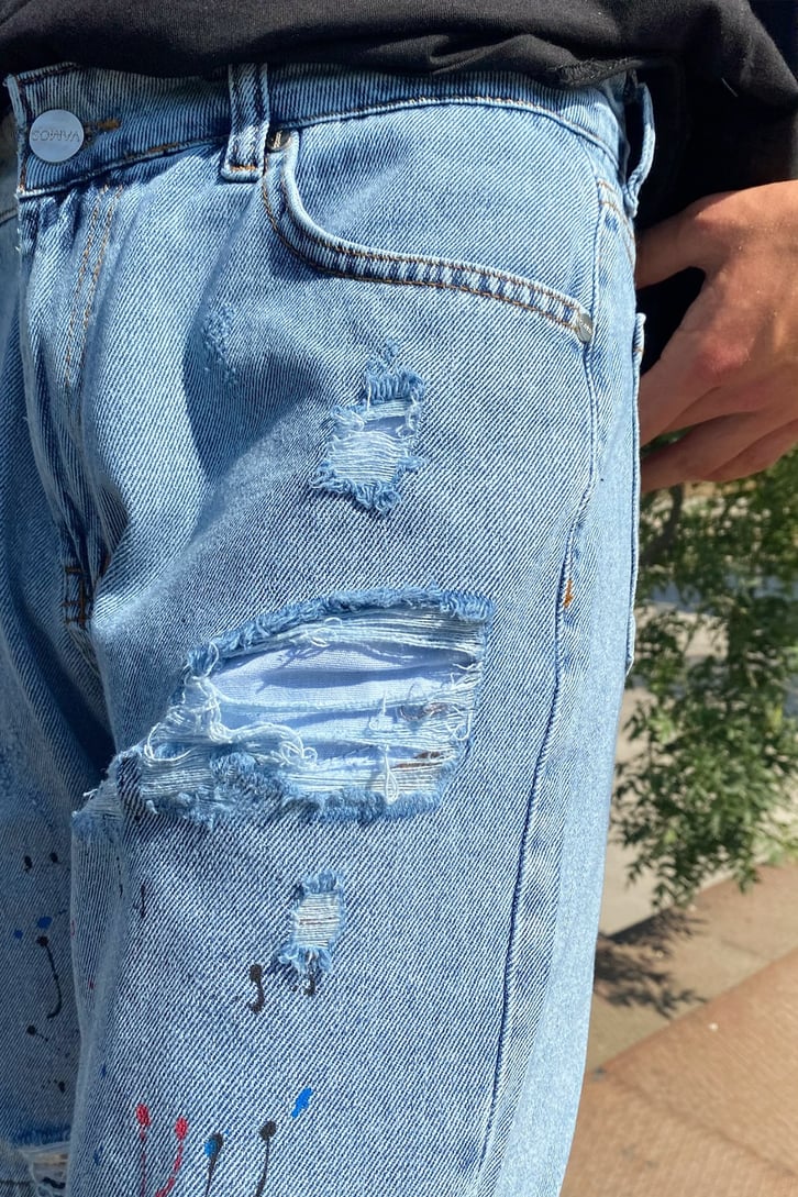 Distressed Paint Splash Buz Mavisi Kot Şort
